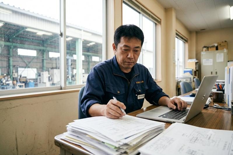 書類仕事に追われる営業担当者